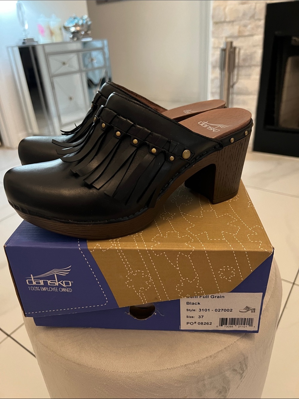 Dansko Black Leather Fringe Clog Mules